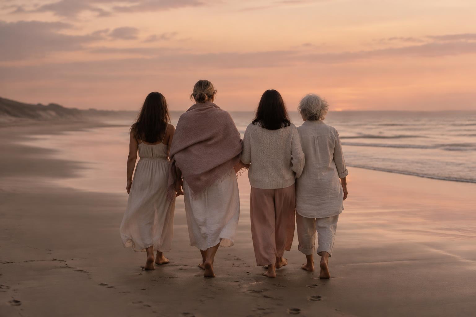 A group of women walking together on a quiet beach at dusk